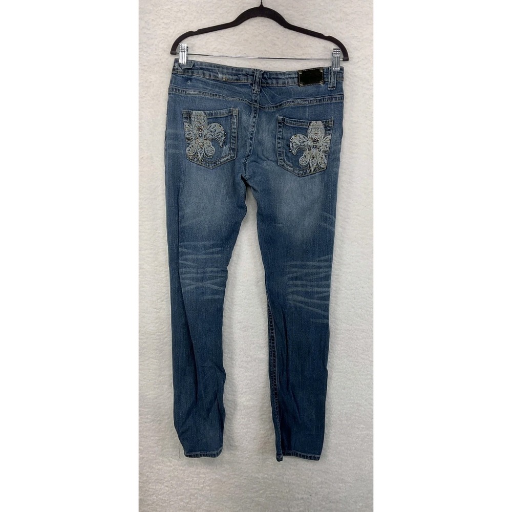 Rampage Women's Dark Wash Embellished Thick‎ Stitch Skinny Jeans, Size 11 - Picture 2 of 7